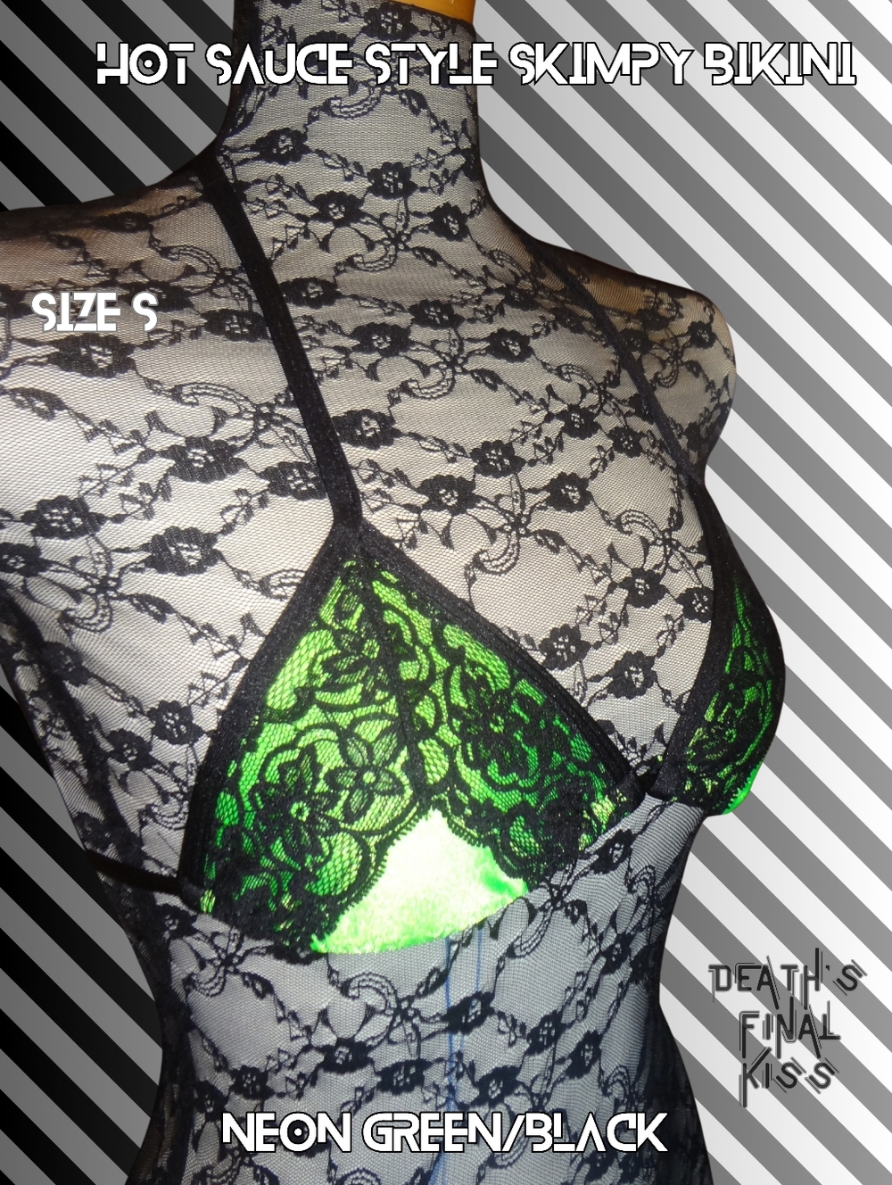 HTF Hot Sauce Style Vibrant Neon Green Black Lace String Skimpy Triangle Bikini